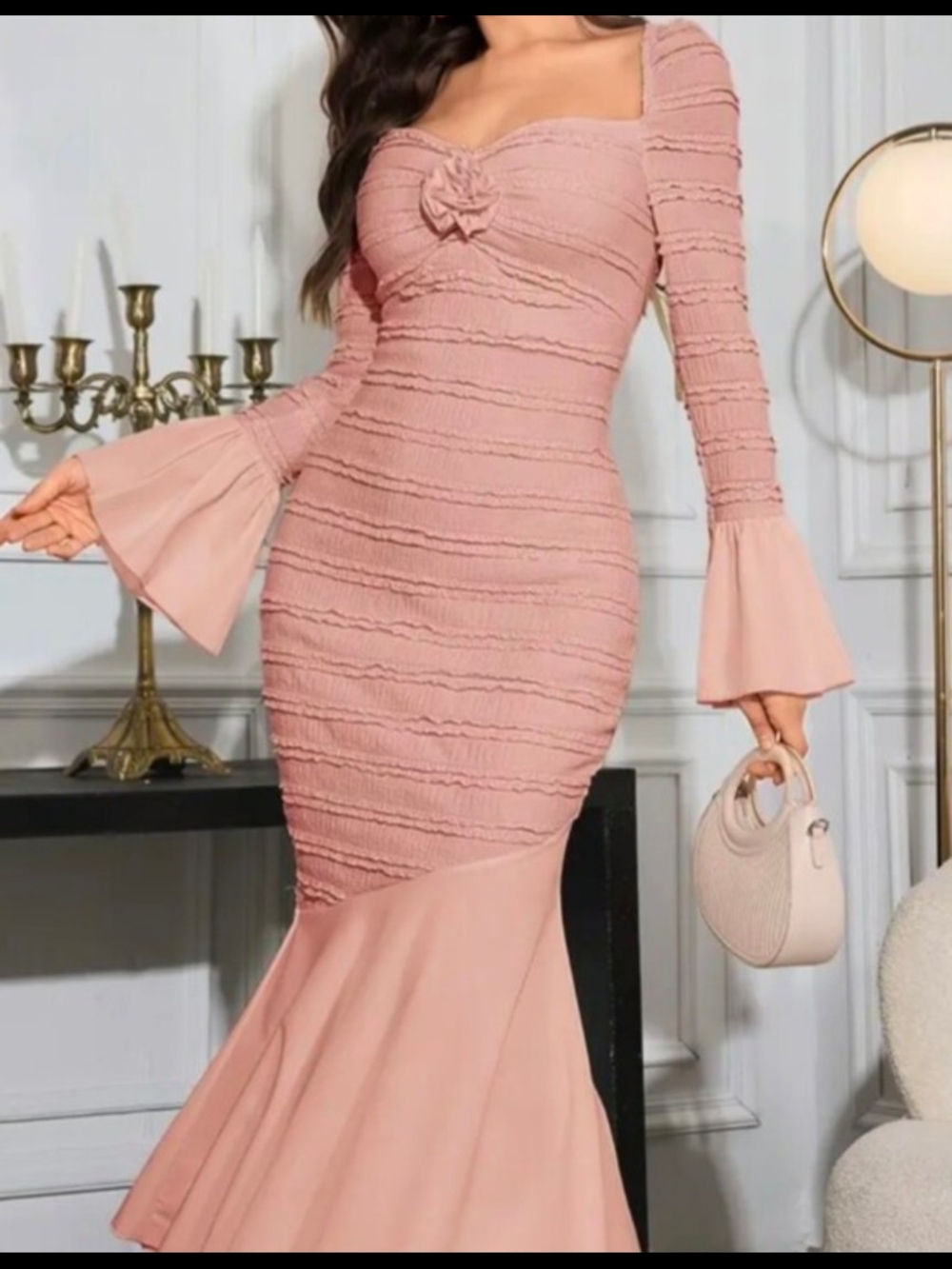 Elegant Pink Long-Sleeve Mermaid Dress Rosette Ruffles Smocked Trumpet Sleeves